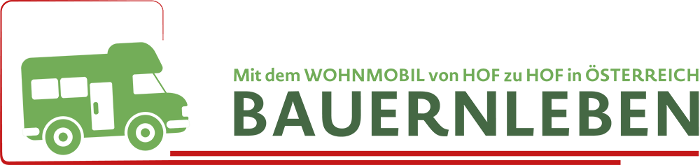 Logo Bauernleben - man sieht ein grünes Wohnmobil mit dem Schriftzug